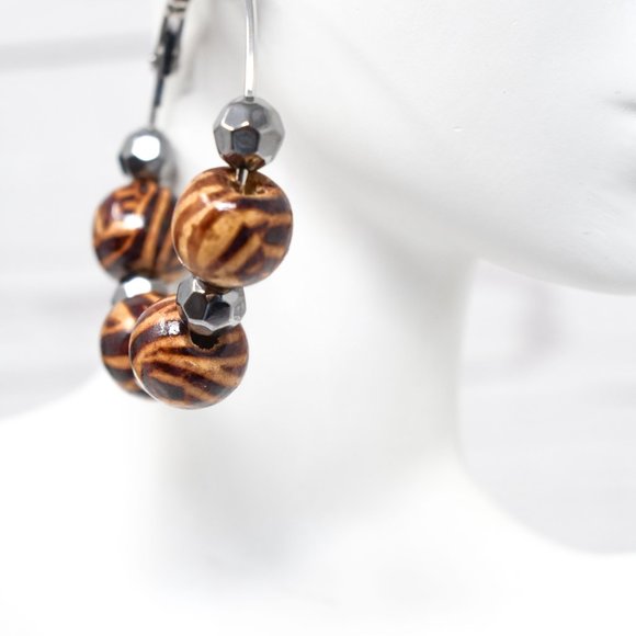 2" Zebra Print Wood Beads Leverback Hoop Earrings - Picture 12 of 12